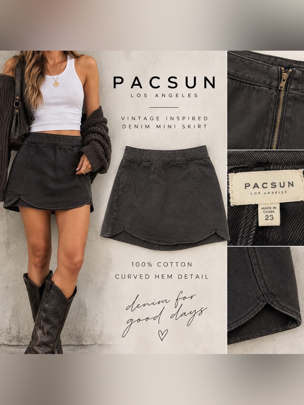 PacSun Black Vintage-Inspired Curved Hem Denim Mini Skirt